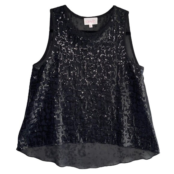 Devlin Sheer Sequined Top M Black Sleeveless Blouse Round Hem Tent Tank - Picture 1 of 10